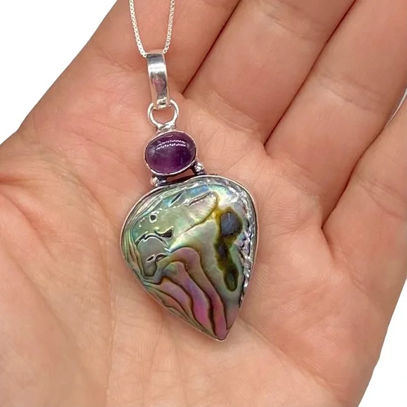 Abalone Shell & Amethyst Crystal Necklace Pendant Sterling Silver 925 Jewelry - Picture 3 of 7